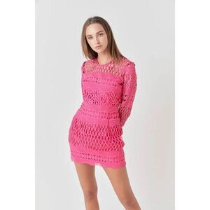 Endless Rose Long Sleeve Crochet Mini Dress in Fuschia, Medium $170 MSRP